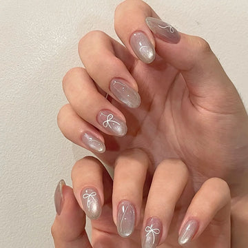 24 Silver Cat Eye Nails | Simple Full Cover Nail Tips Almond Press on False Nails Manicure