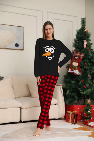 Women's Christmas Pajamas Set with Snowman Face Print, Red & Black Plaid Pants