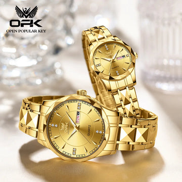 OPK 8151 Golden Stainless Steel Couple Watches For Couples