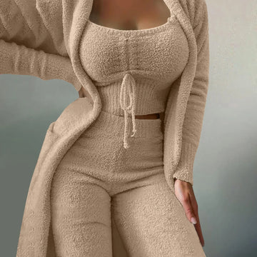 Loungewear Set – Crop Tank, Wide-Leg Pants & Fuzzy Kimono
