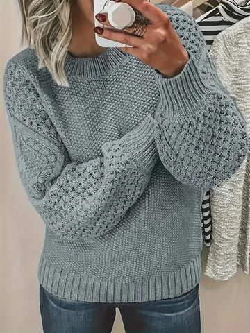 Round Neck Sweater Versatile for Daily Use, Loose Lantern Sleeve Design, Women's Pullover