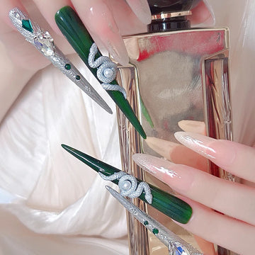 4 Piece black and white stiletto nails with 3D Snake Gem Decor Long Stiletto Shape