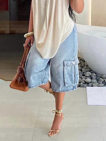 Beautyblue Loose Wide Leg Pants | Women's Denim Shorts | Vintage Fashion Loose Pocket Pants