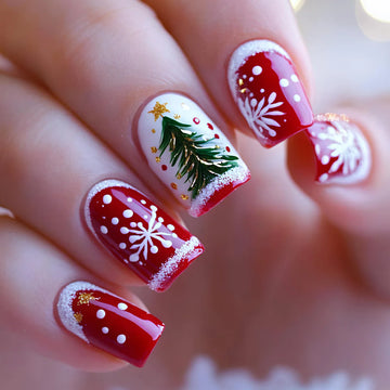24 Christmas Nail Designs Medium Length | Square almond tips christmas tree snowflake nail art