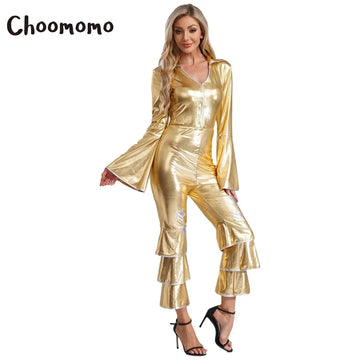 Womens 70s Disco Fever Costume 80s Prom Funky Dancing Sparkle Flare Jumpsuit Halloween Cosplay Party Hippie Fancy Dress Up