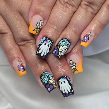 24 French Halloween Nails | Square Press On Nails Ins Style Fake Nails With Ghost Skull Designs