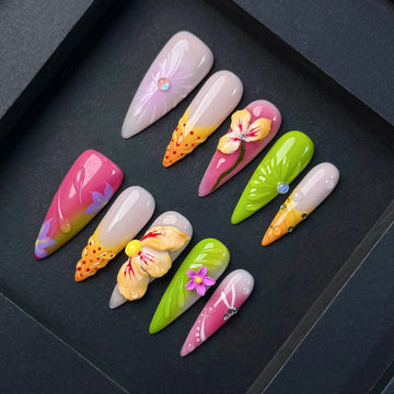10pcs Colorful Long Stiletto Nails For Summer French Style