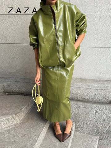 Vintage Solid Pu Leather Jacket Skirt Set | High Neck Coat Slim Fit Long Skirt Coats Skirt Sets | New Autumn Outfit