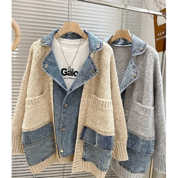Vintage Denim Jacket Womens | Lazy Wind Knitted Sweater Cardigan Fashion Tide Jacket