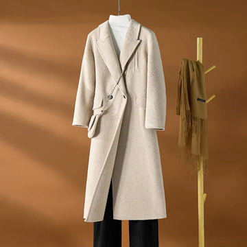 Women's long loose double-breasted button up coat with double-sided cashmere texture