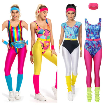 6Pcs 80s disco outfit ideas | Women Jumpsuit Headband Sportwear Outfits