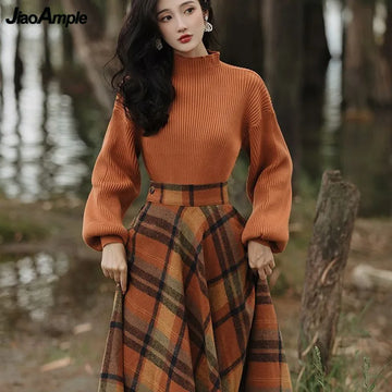Autumn Vintage Outfit | Plaid Long Skirts Sweater Two-Piece Set | Pullover High Waist Skirt Outfit