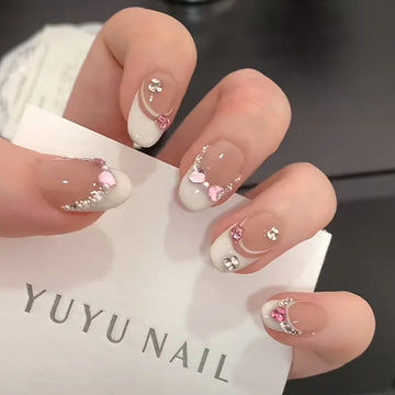 10Pcs September Short Nails | Glitter French Fake Nails | Full Cover Pink 3D Bow