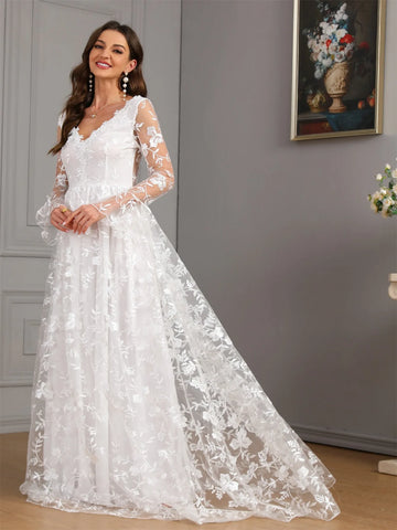 Ladies New Elegant Long Sleeve Lace Wedding Dress