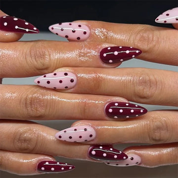 24 Almond Polka Dot Nails with Glue | Fake Nails Spice Girl Wearable Nail Manicure Set