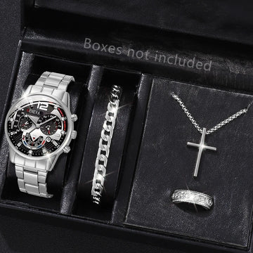 4PCS/Set Unique Gift For Boyfriend Birthday | Stainless Steel Band Watch Casual Calendar Quartz Watch