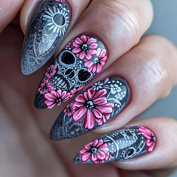 24 Cute Skull Nails For Women | Halloween Almond square tips press on false nail art