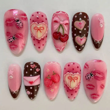 24pcs Sweet Letter Press On Cute Cherry Nails for womens
