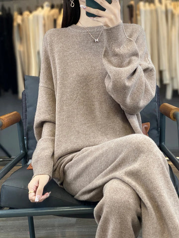 Women's Loose Suit | Winter 100% Merino Wool O-neck Pullover Sweater | High Waist Straight Pants