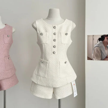 Summer Two Piece Outfits | High Quality Female Tweed Sleeveless Vest Top High Waist Shorts Set
