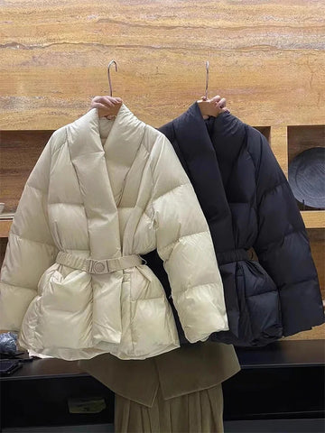 Tight Waist Jackets | Warm 90% White Duck Down Jacket Female Long Sleeve Solid Color V-neck Puffer