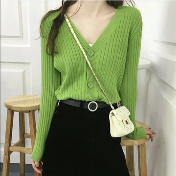 Green Cardigan Sweater | Comfortable Leisure Loose Buttons Solid Color V-neck