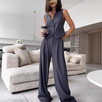Summer Fall Outfits | Women's Fashion V-neck Sleeveless Vest 2-Piece Sets Outfit
