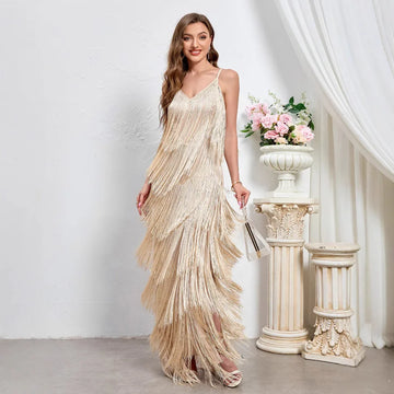 Fashion Outfits | Celebrity Dresses | Women Sexy Backless Tassels Dress | V-neck Lady Party Evening