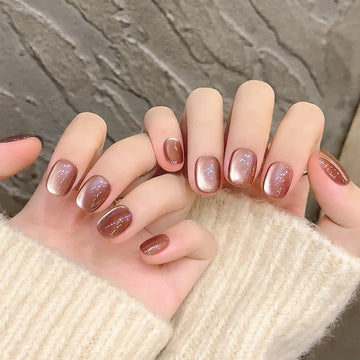 10pcs Handmade light brown cat eye nails for Girls | Solid Color Press on Nail Art Manicure