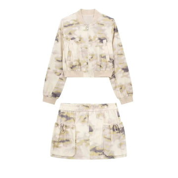 Vintage Print Chic Women Suit O-Neck Zipper Pockets long sleeve jacket for women