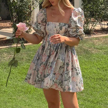 Vintage High Waist Swing Dress with Square Neck for Wedding Guests