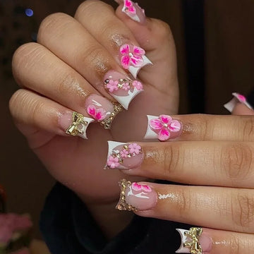 24 3d Flower Press On Nails | Rhinestone Bow Decor Acrylic False Nails