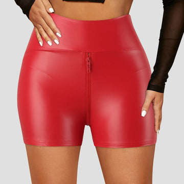 Women's Sexy High Waist PU Leather Shorts with Zipper and Butt Lift Design