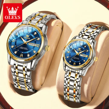 OLEVS 5513 Couple Watch For Wedding | Stainless Steel Waterproof Double Calendar Trendy Quartz Watch