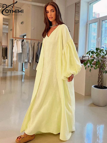 Classy Summer Outfits For Ladies | Oymimi Elegant Yellow Cotton Hemp 2 Pc Sets | Sleeve Robe And V-Neck Sleeveless Floor-Length Dress Sets