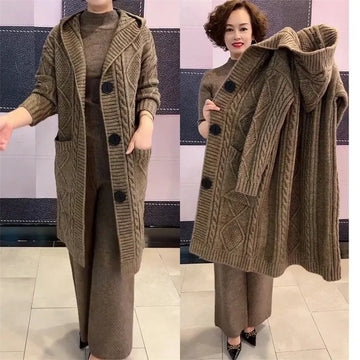Long Knit Cardigan | Large Size Women Long Hooded Single Breasted Knitted Cardigan