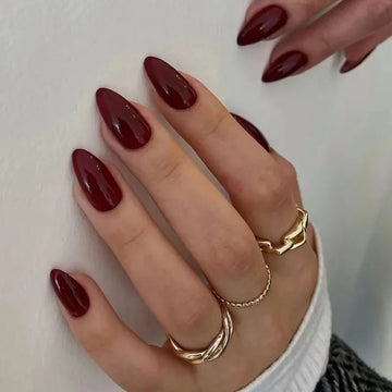 24 Wine Red Nail with Glue | Mid-length Almond Press on False Nails | Full Cover Nail Tips