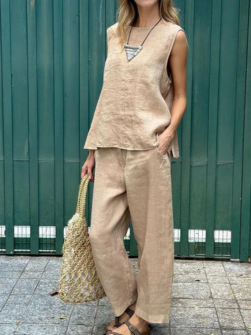 2 Piece Linen Suit Women's | Spring Summer New Solid Sleeveles Cotton And Linen Women's Suit