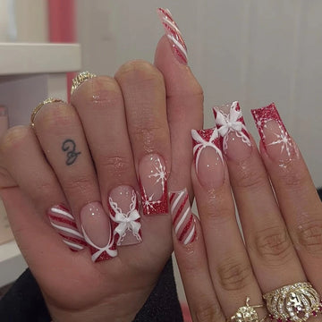 24 Christmas Nail Long | French Pointed Square Fake Nail | Snowflake Bow Nail