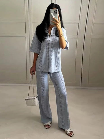Knit Pants Suits | Women Lapel Short Sleeves Hollow Out Single Breasted Outfits