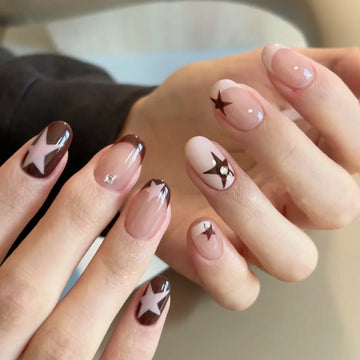 10 Easy French Tip Nails | Coffee Color Star Design Y2K Fake Nail Wearable Nail Art Tips