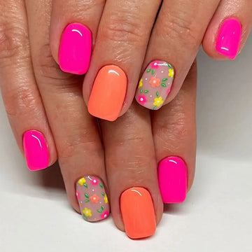 Hand-painted Flowers Nail Art | Orange Purple Pure Color False Nail with Glue