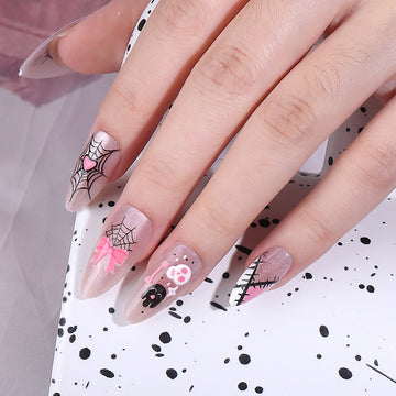 24 Cartoon Halloween nails | Cat Eye Shimmer Wearable Fake Nails | Skull Spider Almond Tips
