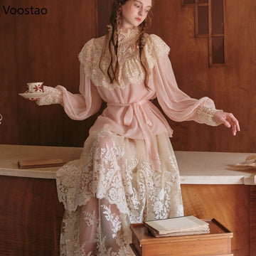 2 Piece Set Women Vintage | Lace Patchwork Long Sleeve Blouse Top Mesh Skirt Suit