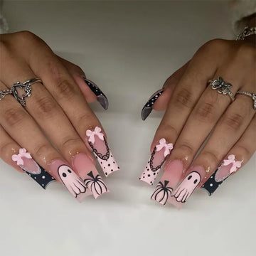 24 Pink Bow Nails | European Fake Nail Tips |Halloween Ghost Press on Nails