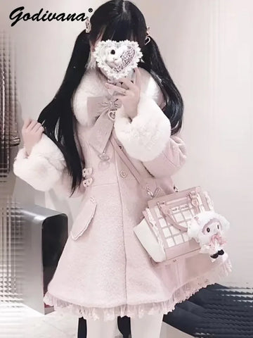 Latest Long Coats For Ladies | Winter New Japanese Sweet Bow Slim Medium Long Woolen Coat