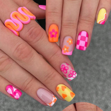 24 Short Press On Nails | Colorful Flower Graffiti Nails Press On Nails | Full Cover Fake Nail