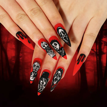 24 Black And Red Blood Halloween Nails | Halloween Long Almond Full Cover Artificial Coffin Fake Nails
