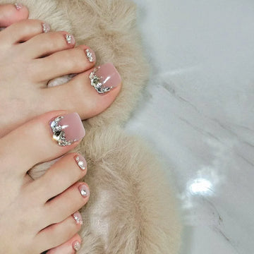 24pcs Summer Bling Toe nail Designs | Sweet Pink Fake nail Patch | Wearable Detachable TToenails