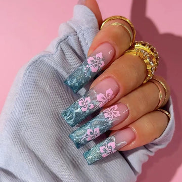 24 Blue Floral Nails | Blue Gradient Ripple Shiny Powder Fake Nails | Flower Detachable